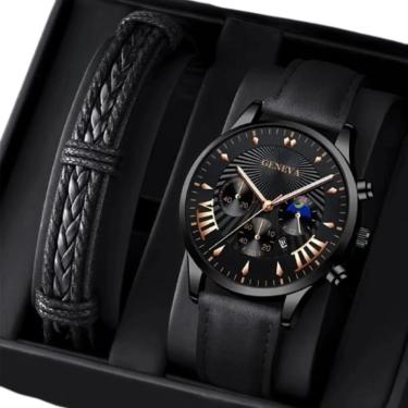 Imagem de Relógio Masculino Preto Luxo Alfa Geneva + Pulseira de Couro