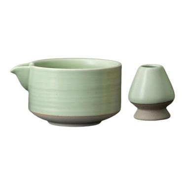 Imagem de IEUDNS Matcha Bowl e Whisk Rest Rest Tradicional Matcha Cerimonial Craft Recipiente com derramamento de picos de tigela de cerâmica para sala de chá, Verde