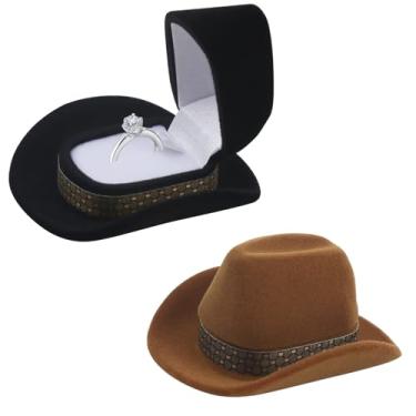 Imagem de ASUNFO 2 peças de chapéu de cowboy caixa de joias de veludo ocidental chapéu de vaqueira caixa de anel caixa de armazenamento de joias para cerimônia de casamento noivado marrom e preto