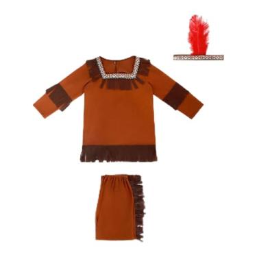 Imagem de Dynwave Traje indiano infantil com faixa de cabeça de penas, roupa de palco, traje nativo americano, L Size for Boy