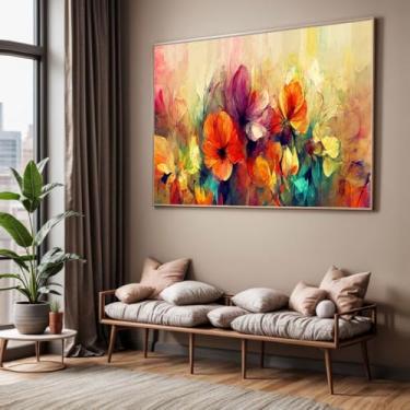 Imagem de Quadro com Moldura Sala Quarto Abstrato Floral Colorido Arte Decorativo Horizontal Grande Hall