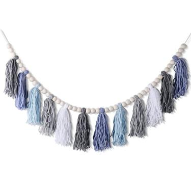 Imagem de XMGZQ Guirlanda De Borlas Azuis Com Contas Madeira, Decoração Parede Estilo Boho, Faixa Algodão, Para Festa Aniversário E Natal, Quarto, Berçário, Sala Jogos, Chá Bebê Em Dormitório, Aula (H)