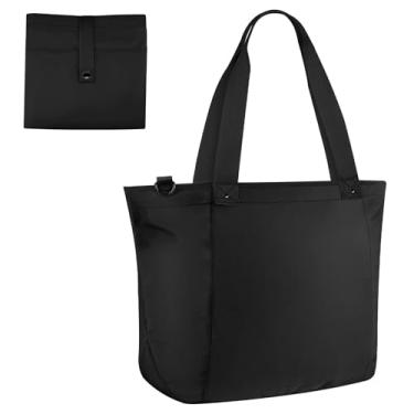 Imagem de Vinabilia Bolsa feminina leve, dobrável, bolsa de ombro com zíper, alça superior, bolsa grande para viagem, trabalho, academia, Preto