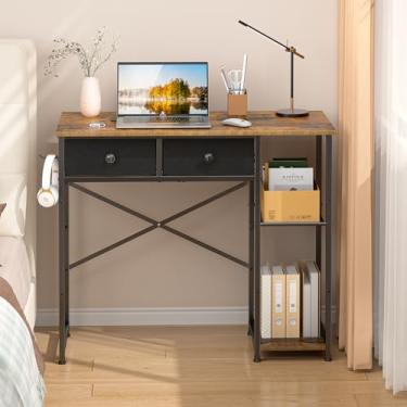 Imagem de DAOUTIME Mesa de computador pequena, escrivaninha de 91 cm com gavetas e prateleiras de armazenamento, mesa de escritório doméstico para pequenos espaços, quarto, sala de estar, dormitório, marrom