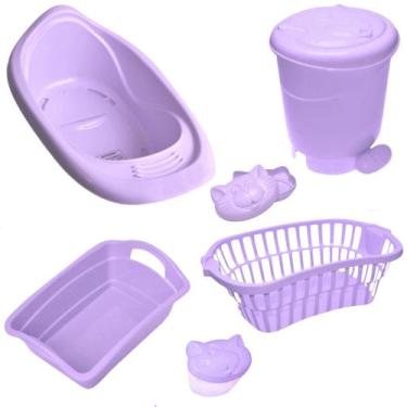 Imagem de Kit banho bebe banheira + cesto lixeira saboneteira e outros lilás - P