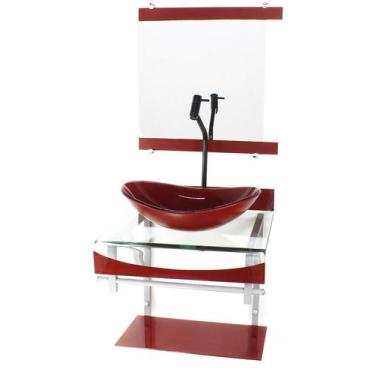 Imagem de Gabinete de vidro 40cm para banheiro curvado duplo pc cuba oval vermel