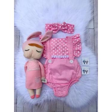 Imagem de Jardineira Body Romper Bebe Menina Mesversario C Tiara Rosa - Dgbabyki