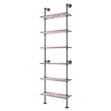 Imagem de Yuanshikj Prateleira de escada de madeira maciça, tubo industrial de 6 níveis, prateleira/estante de livros, tubos de ferro de metal retrô, tábuas de madeira, exibição rústica, montada na parede, para coleção, decoração de sala de estar, armazenamento