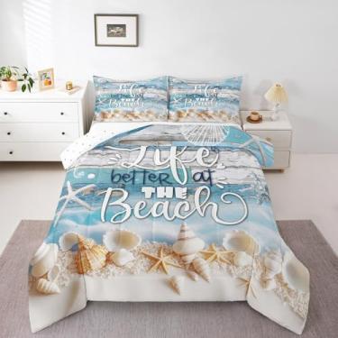 Imagem de Erosebridal Conjunto de edredom solteiro para crianças, meninos, meninas, vida melhor na praia, concha havaiana, estrela-do-mar, azul, rústico, casa de fazenda, decoração de quarto, colcha azul macia