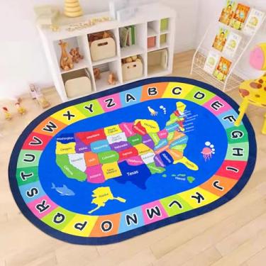 Imagem de USTIDE Tapete oval infantil 1,2 x 1,8 m, tapete de área de mapa dos EUA, alfabeto ABC, educativo e divertido, tapete de sala de aula, antiderrapante, tapete temático para jogos e aprendizado educativo