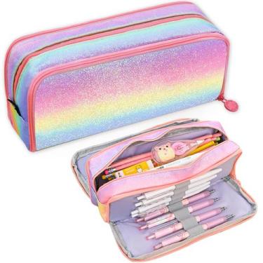 Imagem de Estojo para lápis BETURETOP Glitter Rainbow para meninas com 3 compart