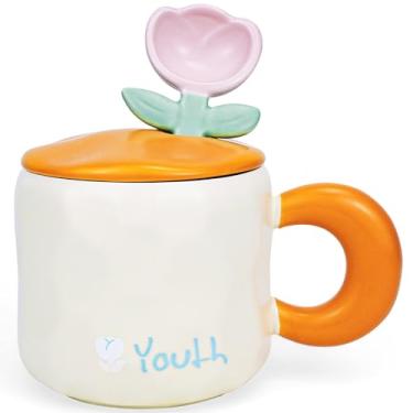 Imagem de Disoza Caneca de tulipa bege com tampa 425 g personalizada chá de cerâmica caneca de Natal chá café flor caneca floral engraçada caneca de café presente de aniversário para mulheres namorada