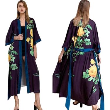 Imagem de Robe Stin Robe Mulheres Verão Camisola Lingerie Impressão Flor Pijamas Camisola V-neck Kimono Roupão De Banho Vestido Loungewear, Purple Yellow-flower, One Size