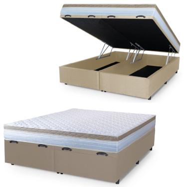 Imagem de Cama Box Baú Casal King Colchão Com Molas Ensacadas 193x203x63cm Dunas Branco/bege Hellen Branco / Bege