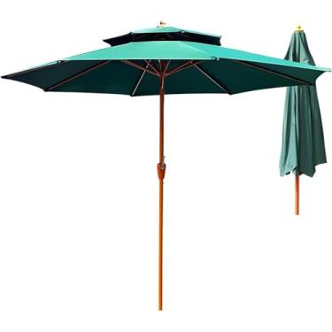 Imagem de Guarda-sol De Pátio Redondo De 9ft Com Ventilação Dupla, Guarda-sol De Mesa Ao Ar Livre De Haste De Ferro De Cor Semelhante à Madeira, Abertura E Fechamento De Manivela Com, Green, 270cm