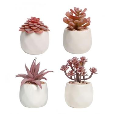 Imagem de XIZHI Pacote com 4 mini suculentas, vasos artificiais de suculentas, suculentas falsas, plantas de cerâmica em vasos para decoração de casa, decoração de jardim (vermelho claro)