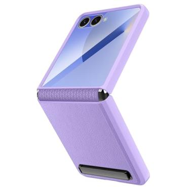 Imagem de POYUFRG Capa fina para Samsung Galaxy Z Flip 7, capa de couro com proteção de dobradiça de tela de vidro temperado com suporte invisível, capa com tudo incluído, roxa, Z Flip 7