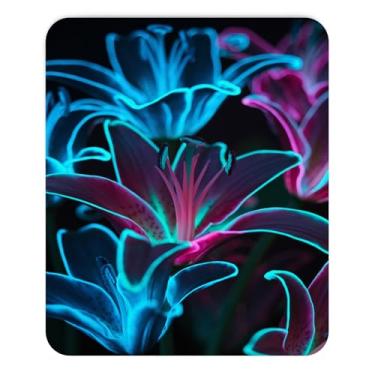 Imagem de Mouse pad neon lírios em azul e rosa em fundo escuro design fluorescente para escritório moderno mesa gamer presente para amantes de arte mousepad digital, tapete de mouse