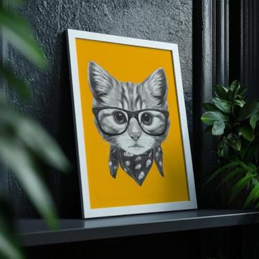 Imagem de Quadro Decorativo Gato Com Óculos Com Moldura Arte Pop Pet Divertido Estilo Retrô Fundo Amarelo Parede Moderna Criativa Animal