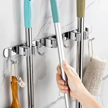 Imagem de Suporte Porta Vassoura e Rodo Inox - Organização 7 em 1, Durável e Fácil Instalar Com ou Sem Furos - Lavanderia, Interior de Armário.