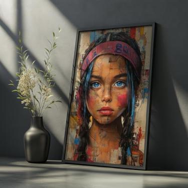 Imagem de Quadro Decorativo Menina Olhos Azuis Com Moldura Retrato Colorido Arte Urbana Expressiva Pintura Moderna Impactante Infantil