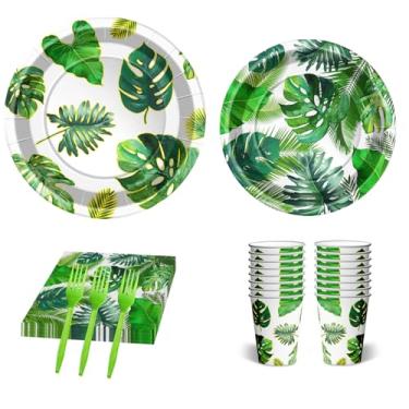 Imagem de Conjunto de 84 peças de artigos de festa havaiana Luau pratos e guardanapos descartáveis de folha de palmeira tropical (16 pratos de jantar, 16 pratos de sobremesa, 16 xícaras, 16 garfos e 20