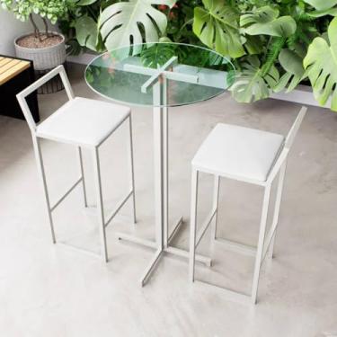 Imagem de Conjunto Mesa Alta Bar Bistrô Redonda Vidro 2 Banquetas Confort Estofado Industrial White (Branco)