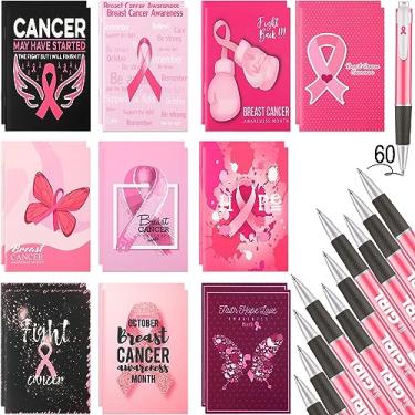 Imagem de Tenceur Conjunto de 120 canetas para caderno de câncer de mama com 60 blocos de notas de bolso pequeno para o câncer de mama 60 canetas esferográficas de fita rosa para mulheres e meninas, presente de conscientização sobre o câncer de mama, acessórios de festa