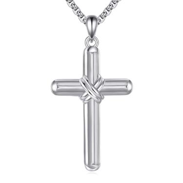 Imagem de Lattd Colar de cruz para homens, prata esterlina 925, pingente de cruz cristã, presente com corrente de aço inoxidável 56 cm + 5 cm