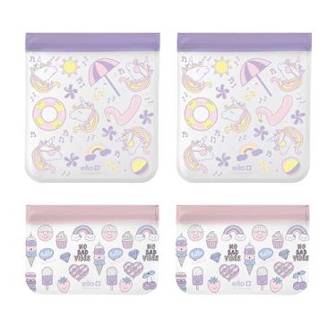Imagem de Ello Pacote com 4 sacos reutilizáveis de armazenamento de alimentos, livre de BPA, PEVA seguro para alimentos, feezer seguro e à prova de vazamento, unicórnio e sorvete