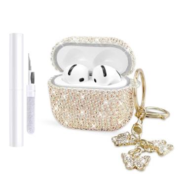 Imagem de AIIEKZ Capa compatível com AirPods 4 2024, capa rígida de TPU com glitter diamante para AirPods 4ª geração com chaveiro de borboleta brilhante e kit de limpeza para meninas e mulheres (ouro)