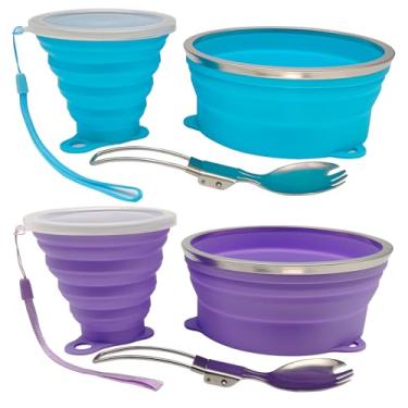 Imagem de Cagelya Kit de bagunça para acampamento, tigela dobrável de silicone, copo dobrável e colher de aço inoxidável para mochilão, caminhadas ao ar livre, viagens e piquenique - pacote com 2