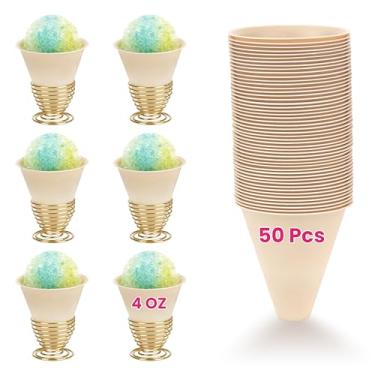 Imagem de Conjunto de copos e suporte descartáveis para cone de neve | Pacote com 50 copos de gelo raspados - Amido de milho biodegradável | 6 unidades de suporte de cone de metal ouro rosa | Suprimentos e