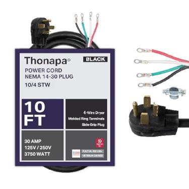 Imagem de Thonapa Cabo para secadora de 4 pinos 30 AMP, cabo de extensão de aparelho com 4 pinos, plugue NEMA 14-30, STW 10/4 10 pés, preto
