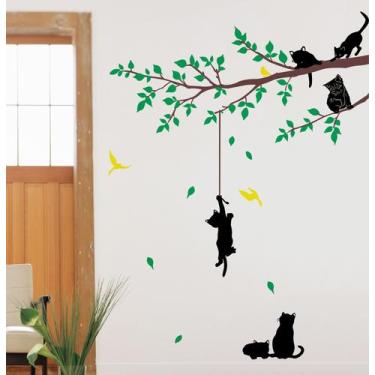 Imagem de Adesivo De Parede Decorativo Gatos Brincando Na Arvore Colorido lindo 