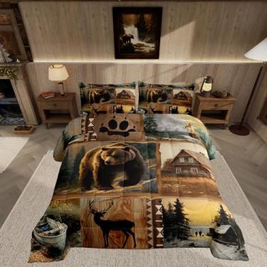 Imagem de Feelyou Jogo de cama queen com urso, cabana de caça, animais selvagens, para decoração de quarto de crianças, meninos e adolescentes, capa de edredom rústica ocidental