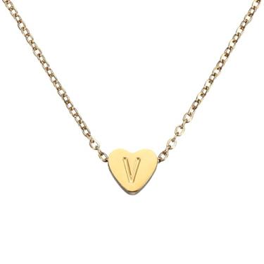 Imagem de PATIKIL Colar de coração com inicial para mulheres, banhado a ouro 18K, corrente de aço inoxidável delicada, nome personalizado, letra V, colares com pingente para mulheres, joias, presentes, tom