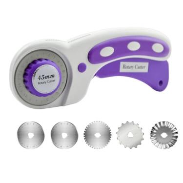 Imagem de Cortador rotativo para tecido, pacote com 6 cortadores de tecido de 45 mm com 5 peças de lâminas extras, cortador ergonômico para tecido, couro, artesanato, costura, acolchoamento, cortador rotativo