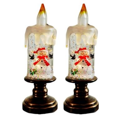 Imagem de Velas sem chamas acesas a pilhas, pacote com 2 globos de neve de Natal, água giratória, velas giratórias para Halloween, Ação de Graças, casamentos, decoração de casa (homem de neve)