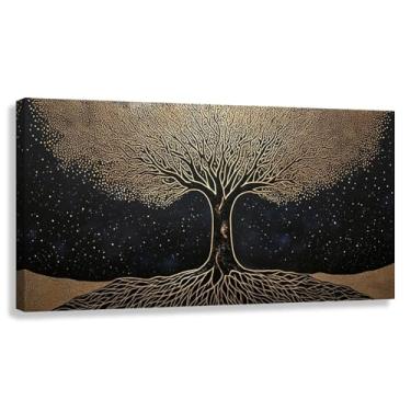 Imagem de Árvore da Vida Arte de Parede Árvore Dourada Impressão em Tela Árvore da Vida Decoração Céu Estrelado Imagens Azul Escuro Sala de Estar 80x40cmx1