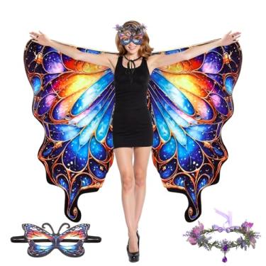 Imagem de Rngmsi Fantasia feminina de asas de borboleta, azul, verde, roxo, estampa frente e verso, xaile de asa de borboleta com coroa de fadas, conjunto de máscaras, capa para cosplay, festa de Halloween