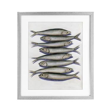 Imagem de Stupell Industries Impressão emoldurada de peixe anchova empilhada cinza design sob vidro por Michael Willett, 53 x 43 cm