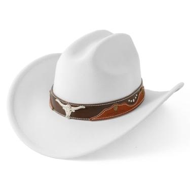 Imagem de Lanzom Chapéu de caubói feminino com aba larga de feltro para cowboys e vaqueiras, Branco, M-G