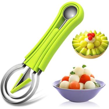 Imagem de Fatiador de Frutas 4 em 1 Inox – Cortador para Melancia, Melão, Pitaya e Kiwi | Escavador, Boleador e Fatiador em V | Utensílio de Cozinha Criativo e Multifuncional