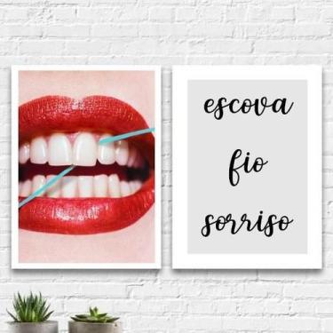 Imagem de Kit 2 Quadros Dentista Escova Fio Sorriso 45X34 Vidro Preta - Quadros 