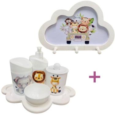Imagem de Kit Higiene Bebê Safari Leão, girafa e elefante + Cabideiro Infantil N