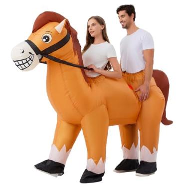 Imagem de Resiwai Fantasia de cavalo inflável de casal para adultos, 2 pessoas, fantasias de Halloween engraçadas de cowboy cavalgar para homens e mulheres, cosplay