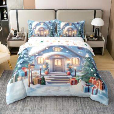 Imagem de Castle Fairy Conjunto de capa de edredom tamanho casal Feliz Natal, conjunto de capa de edredom 100% algodão puro para casa quente (sem enchimento), conjunto de cama de presente de Natal com 3 peças