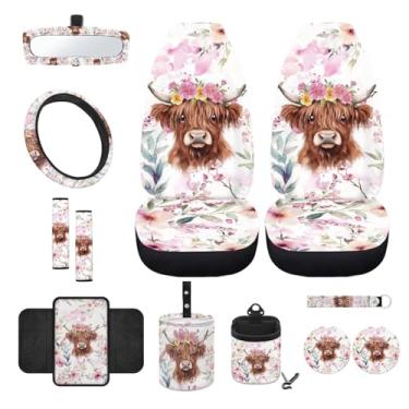 Imagem de Wanyint Highland Capa de assento frontal rosa flor de vaca conjunto completo com capa de volante almofadas de cinto de segurança almofada de console central suporte de telefone suporte de espelho