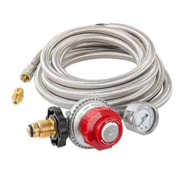 Imagem de DQSDC Regulador de propano de alta pressão de 3,5 m com mangueira - Saída ajustável de 0 a 30 PSI - Mangueira de gás trançada de aço inoxidável - para fogueiras, queimadores, aquecedores, fritadeiras